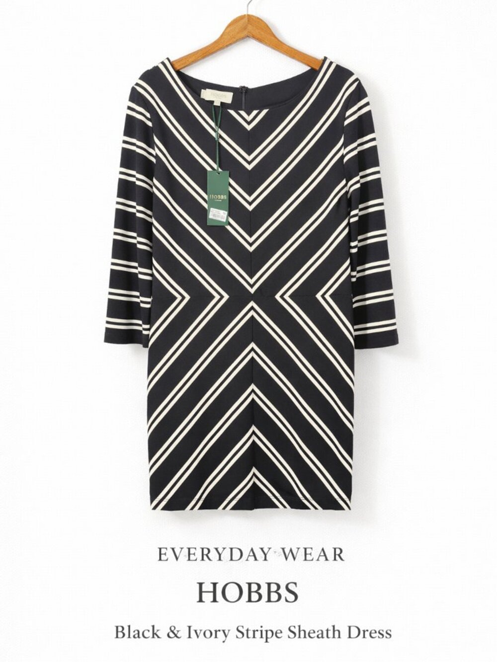Hobbs Harris Dress Black Ivory Stripe Sheath NWT US 14 UK 18
